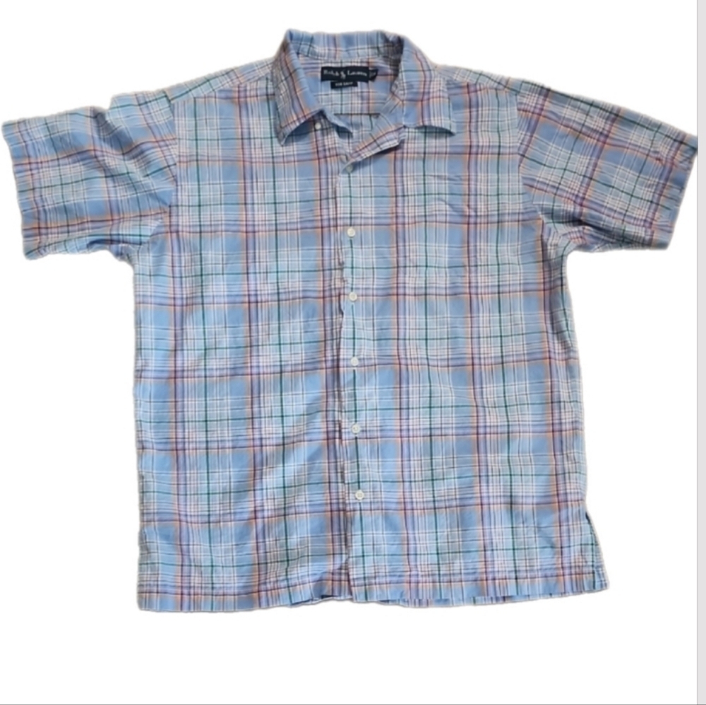 Ralph Lauren Blue Plaid Short Sleeve Camp Shirt Size M